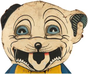 When wound, Bonzo's separate tin litho eyes and jaw move up and down, giving the toy the illusion of blinking and speaking.